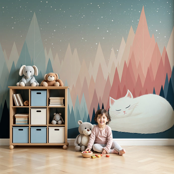 Papel pintado infantil | Gatito tranquilo en un paisaje montañoso