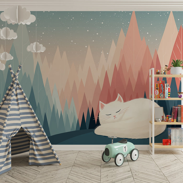 Papel pintado infantil | Gatito tranquilo en un paisaje montañoso
