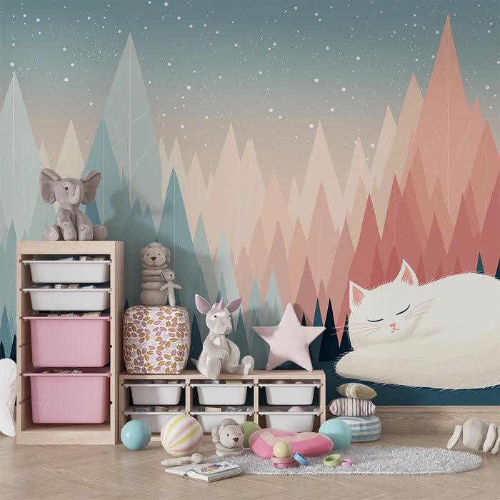 Papel pintado infantil | Gatito tranquilo en un paisaje montañoso