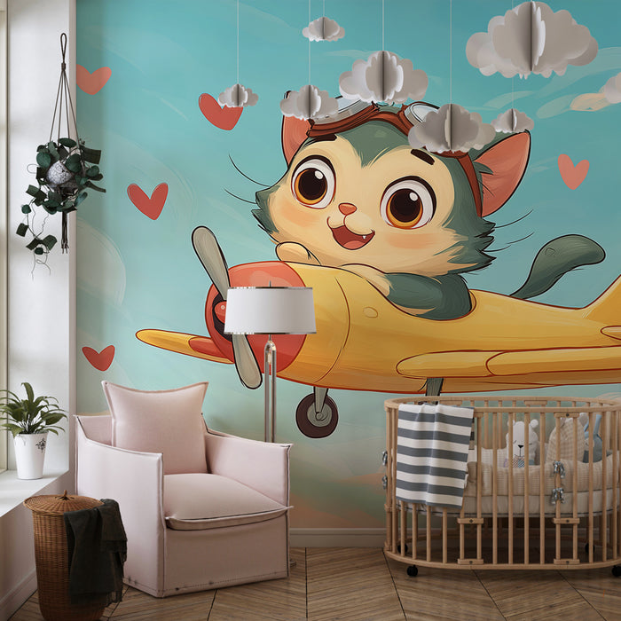 Kinderzimmer Tapete | Kätzchenpilot in den Wolken