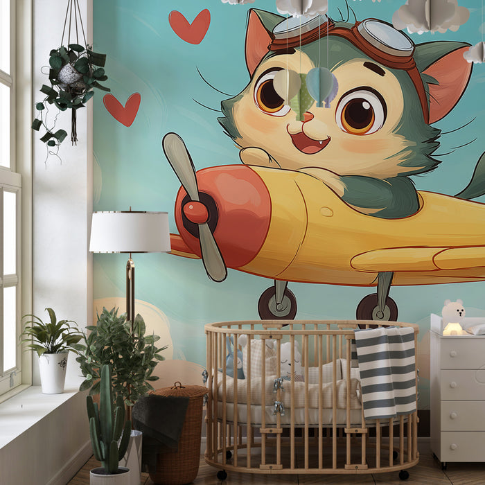 Kinderzimmer Tapete | Kätzchenpilot in den Wolken