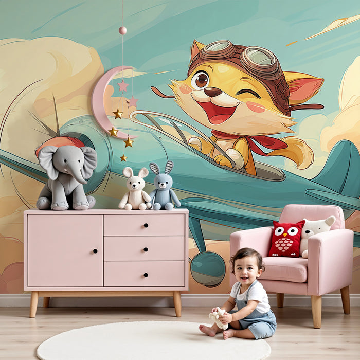 Kinderkamer behang | Kitten piloot en betoverende wolken