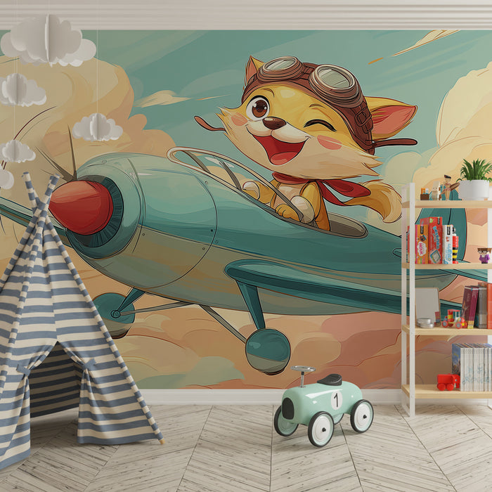 Kinderkamer behang | Kitten piloot en betoverende wolken