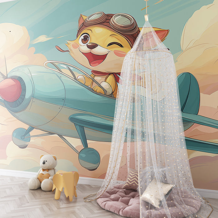 Kinderkamer behang | Kitten piloot en betoverende wolken