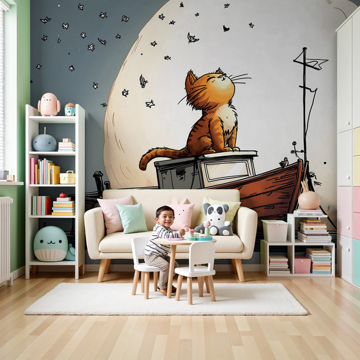 Papel pintado infantil | Gatito soñador bajo la luna