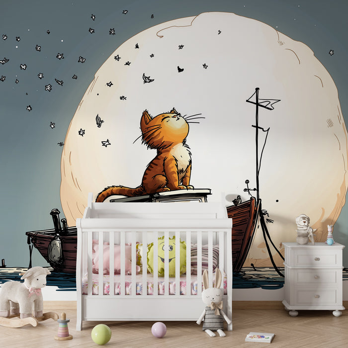 Papel pintado infantil | Gatito soñador bajo la luna
