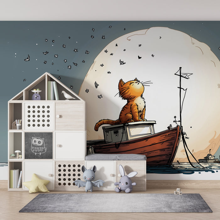 Papel pintado infantil | Gatito soñador bajo la luna