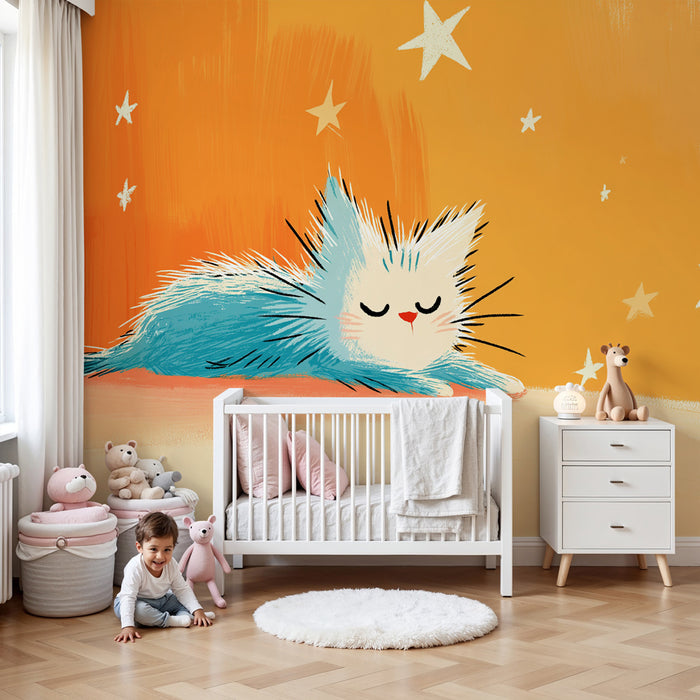 Papel pintado infantil | Gatito soñador bajo las estrellas