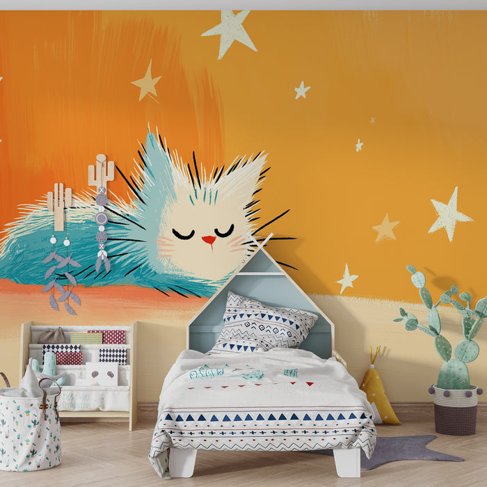 Papel pintado infantil | Gatito soñador bajo las estrellas