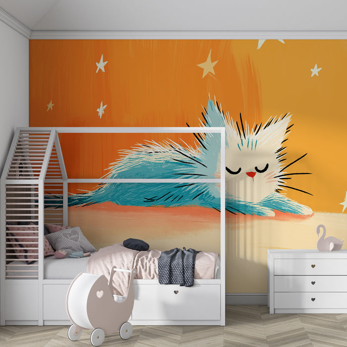 Papel pintado infantil | Gatito soñador bajo las estrellas
