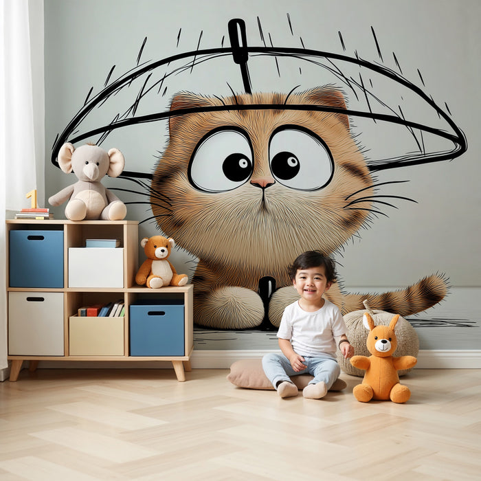 Papel pintado infantil | Gatito divertido bajo un paraguas