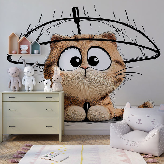 Papel pintado infantil | Gatito divertido bajo un paraguas