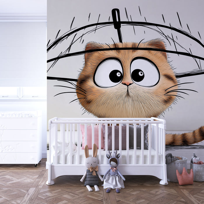 Papel pintado infantil | Gatito divertido bajo un paraguas