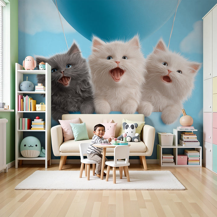 Carta da parati bambini | Gattini carini in un cielo blu con nuvole