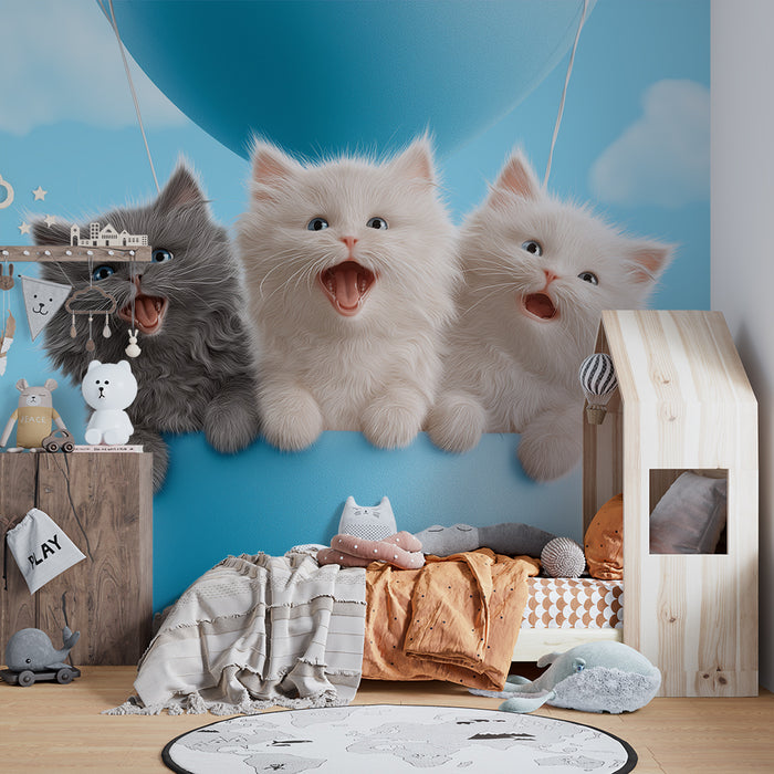 Carta da parati bambini | Gattini carini in un cielo blu con nuvole