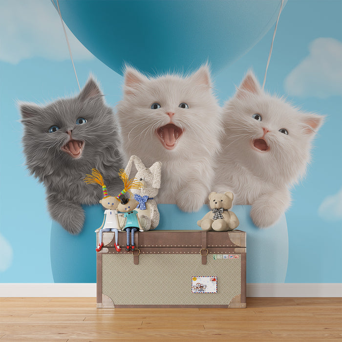 Carta da parati bambini | Gattini carini in un cielo blu con nuvole