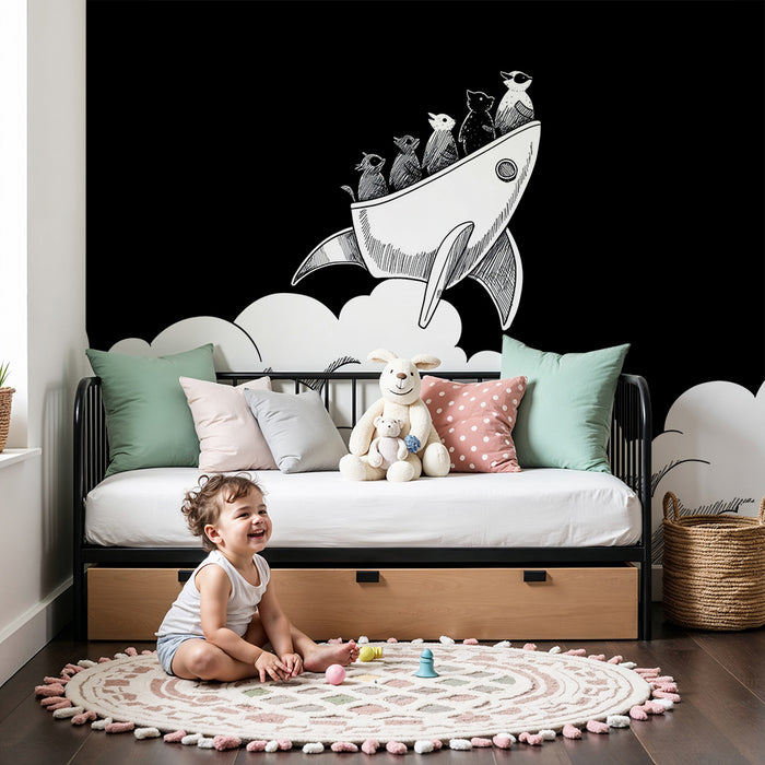 Kinderkamer behang | Katten astronauten in raket tussen de wolken