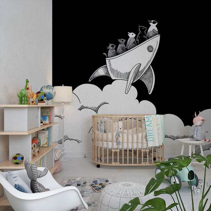 Kinderkamer behang | Katten astronauten in raket tussen de wolken