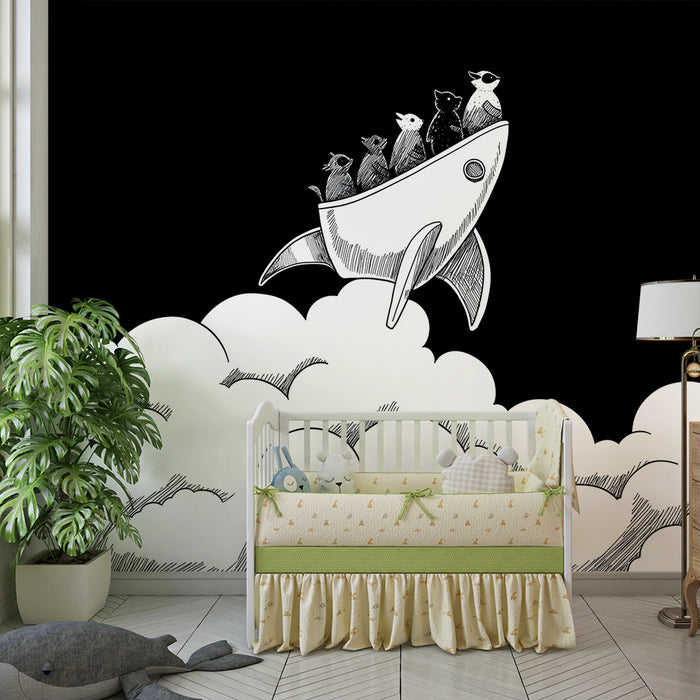 Kinderkamer behang | Katten astronauten in raket tussen de wolken