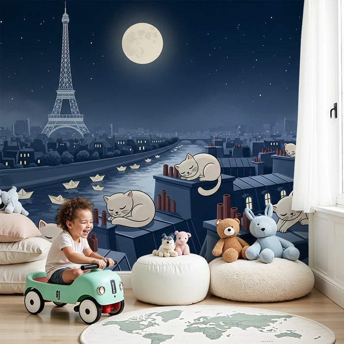 Children's bedroom wallpaper | Sleeping cats on Paris rooftops under the moon