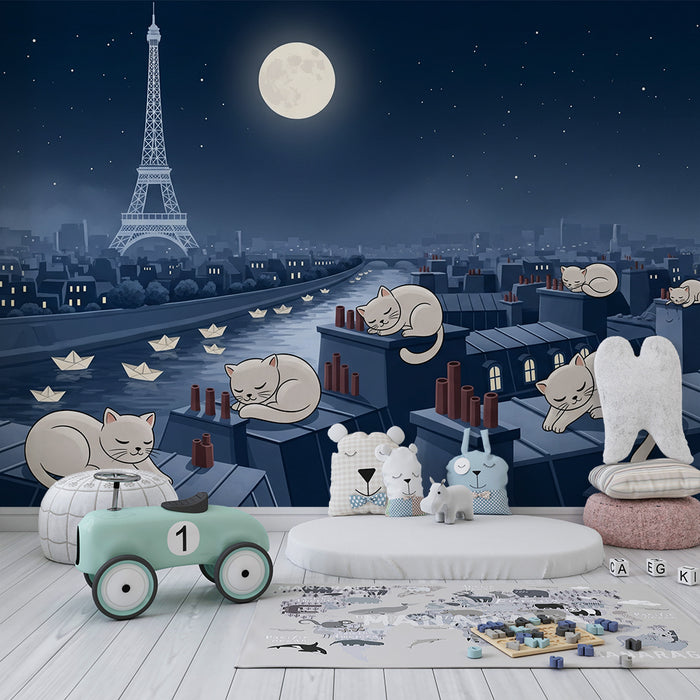 Children's bedroom wallpaper | Sleeping cats on Paris rooftops under the moon
