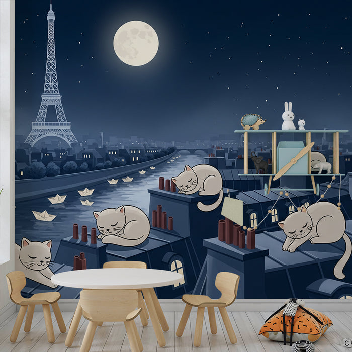 Children's bedroom wallpaper | Sleeping cats on Paris rooftops under the moon
