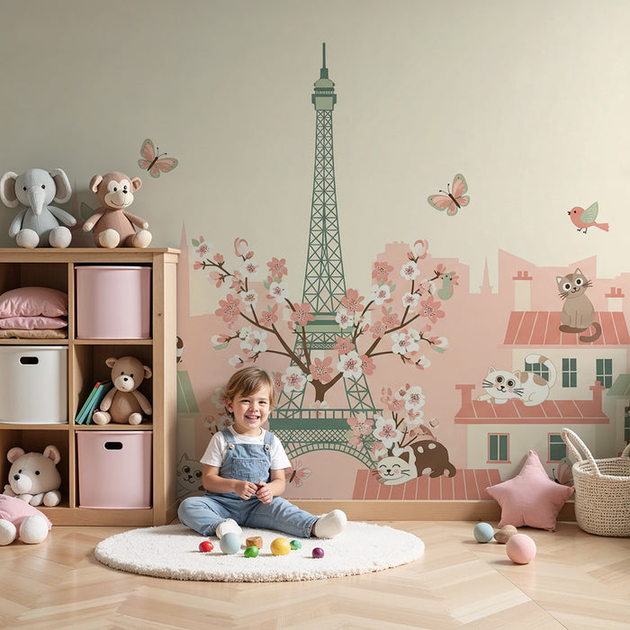 Children's bedroom wallpaper | Playful cats and the Eiffel Tower under cherry blossoms
