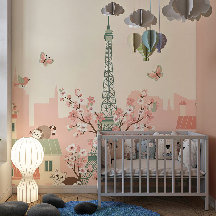 Children's bedroom wallpaper | Playful cats and the Eiffel Tower under cherry blossoms