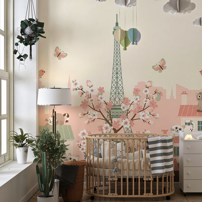 Children's bedroom wallpaper | Playful cats and the Eiffel Tower under cherry blossoms