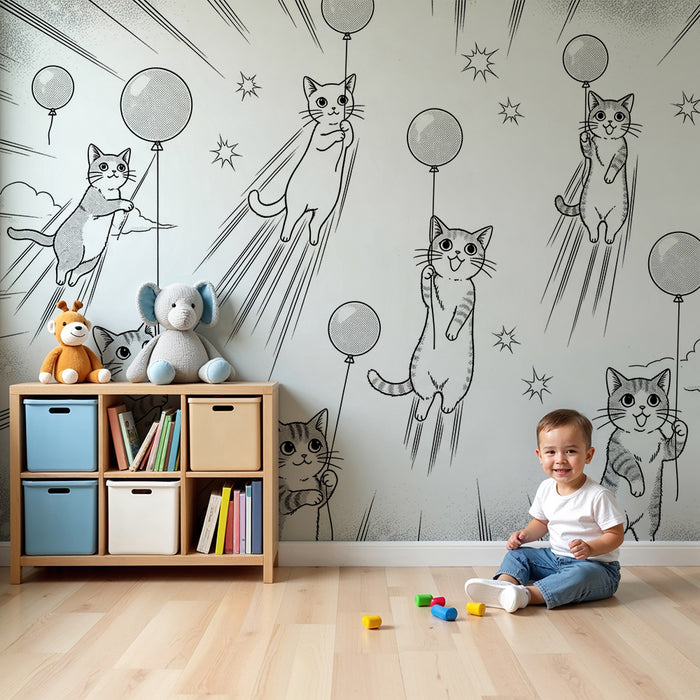 Papier peint chambre enfant | Chats espiègles s'envolant avec des ballons