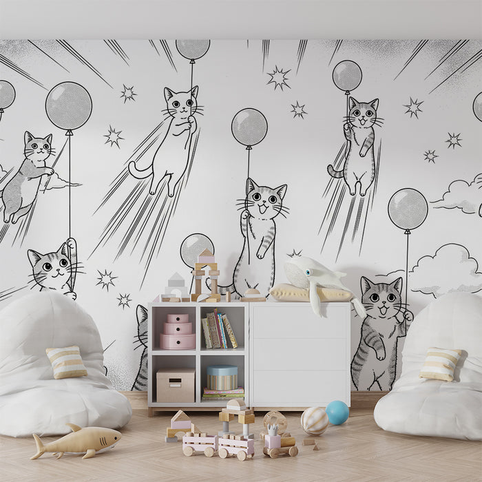 Papier peint chambre enfant | Chats espiègles s'envolant avec des ballons