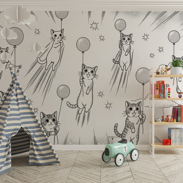 Papier peint chambre enfant | Chats espiègles s'envolant avec des ballons