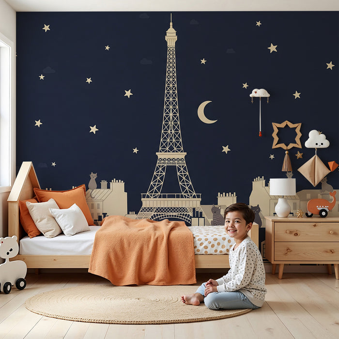 Papel pintado infantil | Gatos traviesos bajo las estrellas de París