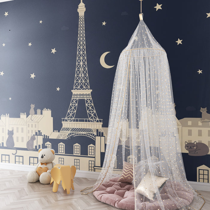 Papel pintado infantil | Gatos traviesos bajo las estrellas de París