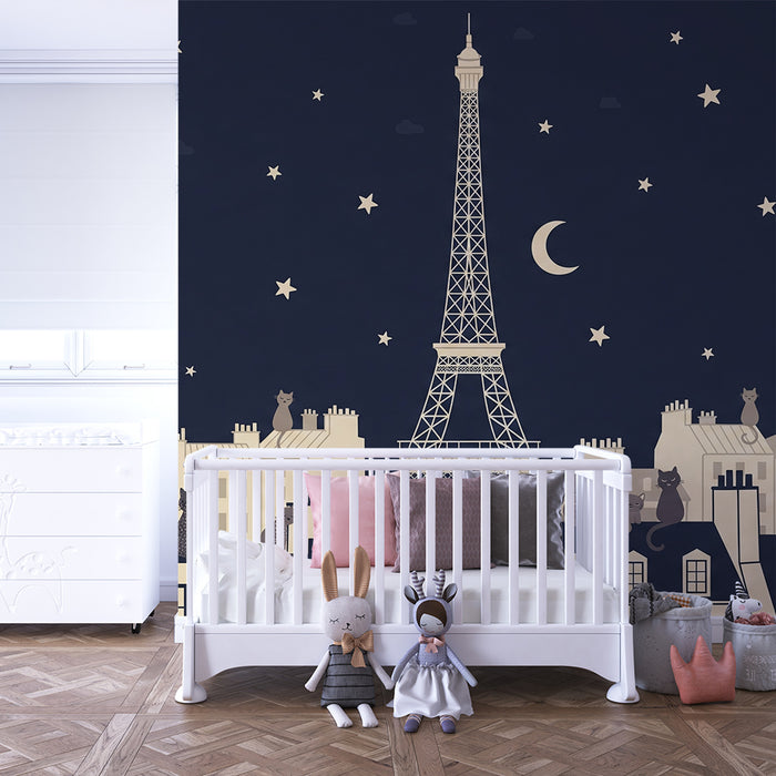 Papel pintado infantil | Gatos traviesos bajo las estrellas de París