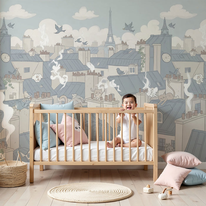 Papel de parede para quarto infantil | Gatos travessos nos telhados de Paris