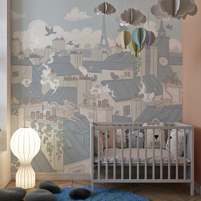 Papel de parede para quarto infantil | Gatos travessos nos telhados de Paris