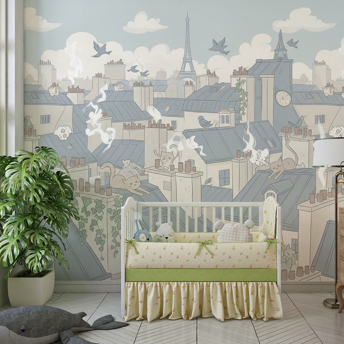 Papel de parede para quarto infantil | Gatos travessos nos telhados de Paris