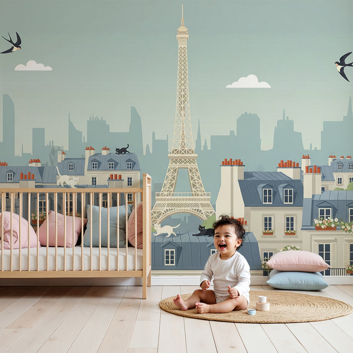 Children's bedroom wallpaper | Playful cats on the rooftops of Paris with the Eiffel Tower