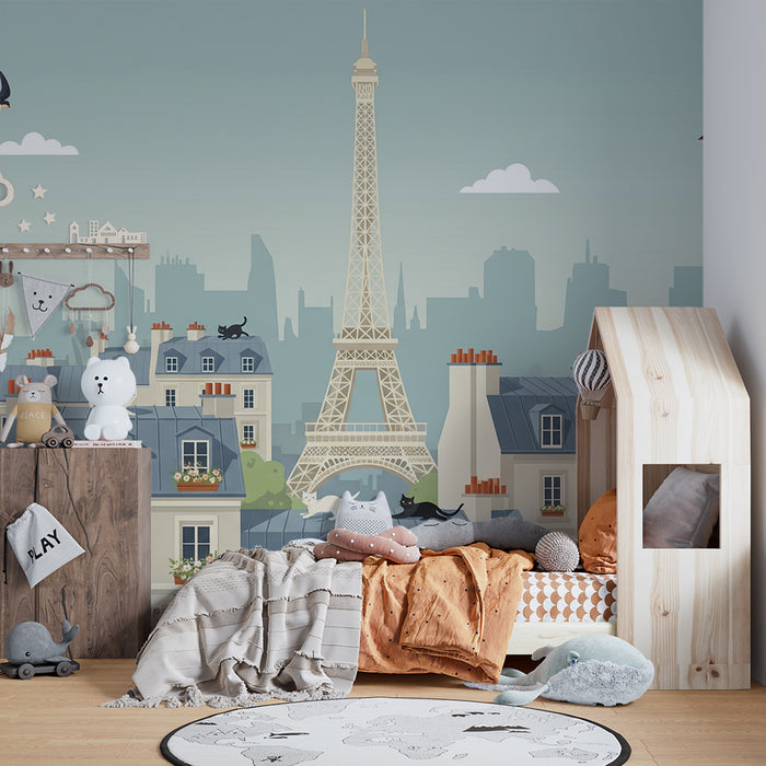 Children's bedroom wallpaper | Playful cats on the rooftops of Paris with the Eiffel Tower