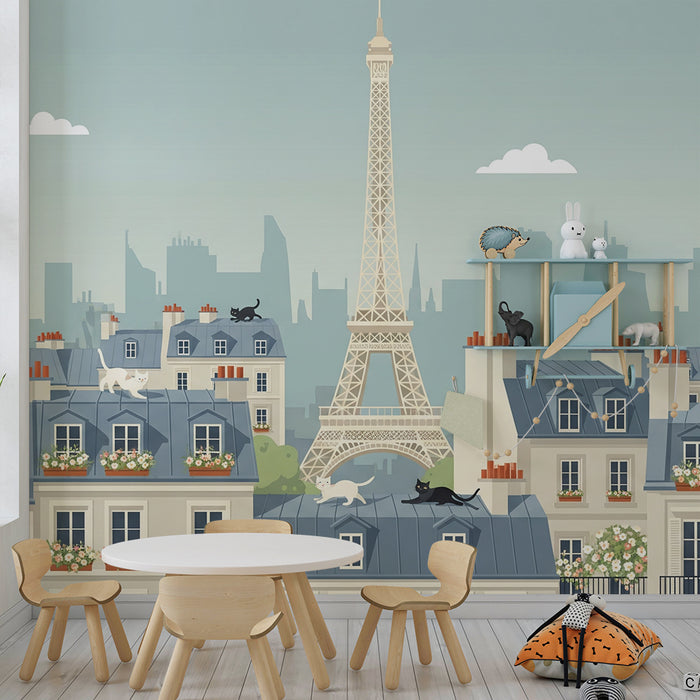 Children's bedroom wallpaper | Playful cats on the rooftops of Paris with the Eiffel Tower