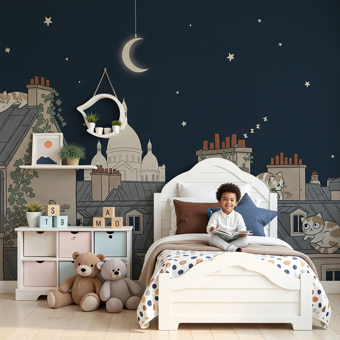 Kids' bedroom wallpaper | Playful cats on rooftops under a starry sky