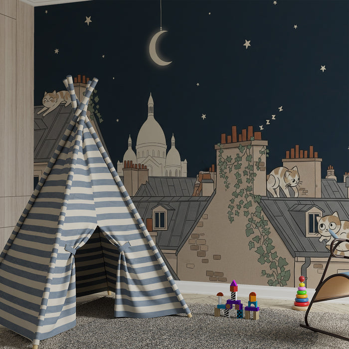Kids' bedroom wallpaper | Playful cats on rooftops under a starry sky
