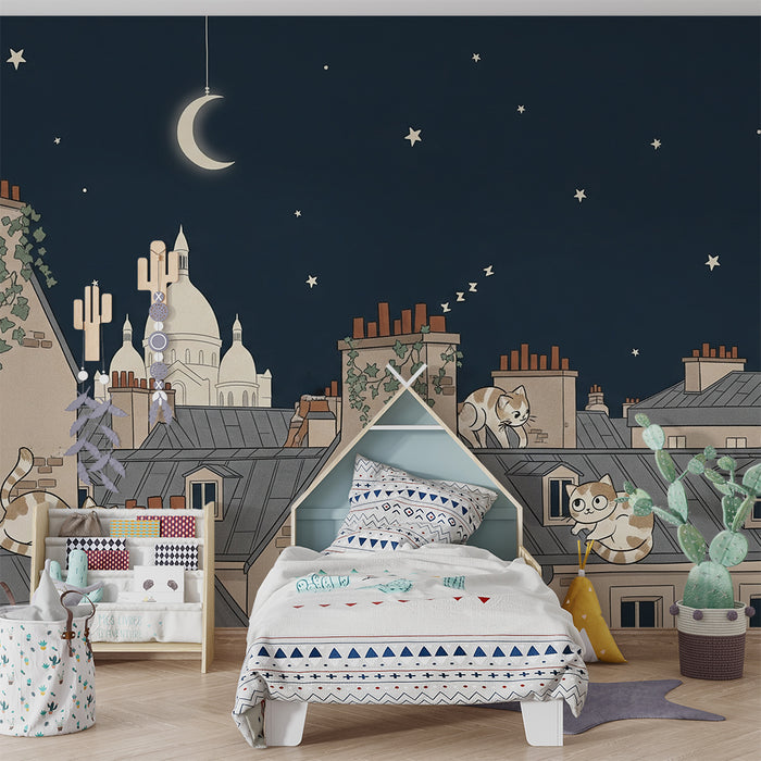Kids' bedroom wallpaper | Playful cats on rooftops under a starry sky