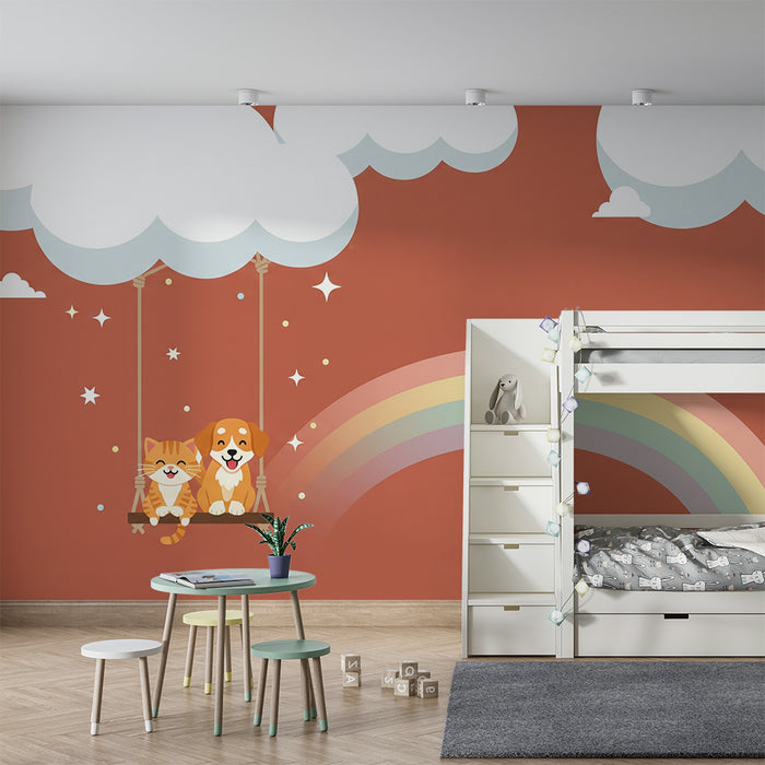 Papel de parede para quarto de criança | Gatos e cães felizes num baloiço com um arco-íris
