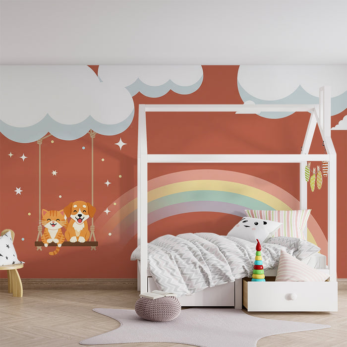 Papel de parede para quarto de criança | Gatos e cães felizes num baloiço com um arco-íris