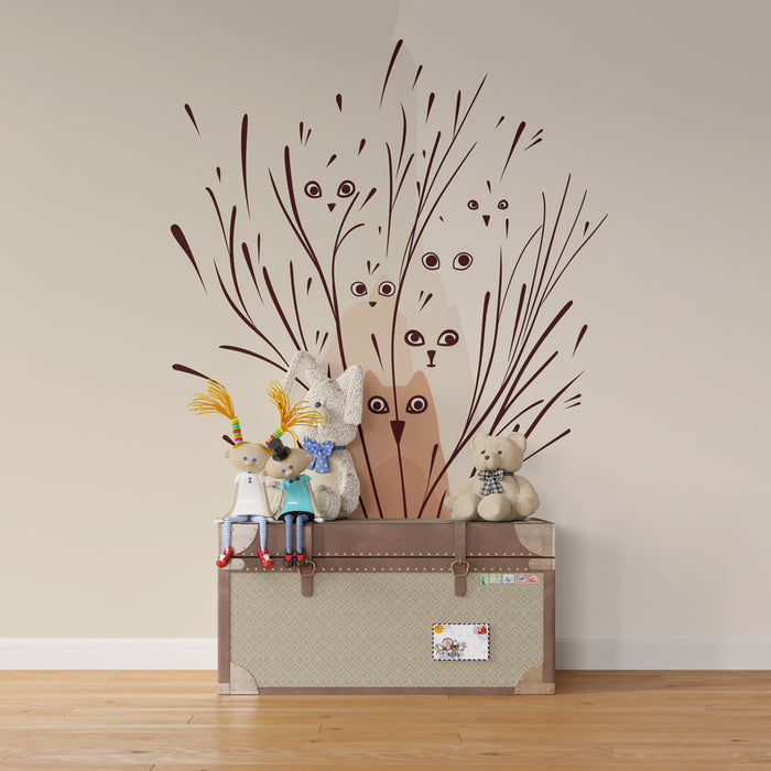 Papier peint chambre enfant | Chats et oiseaux espiègles dans les brins d'herbe