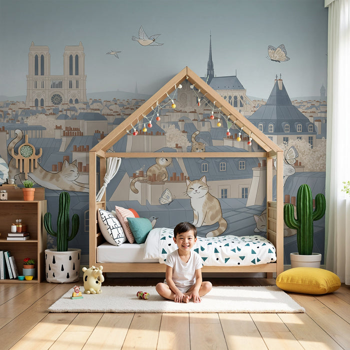 Papier peint chambre enfant | Chats et papillons sur les toits de Paris