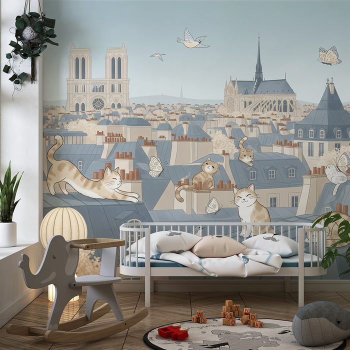 Papier peint chambre enfant | Chats et papillons sur les toits de Paris