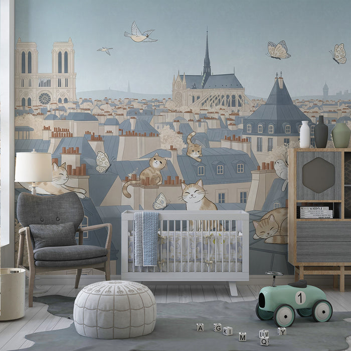 Papier peint chambre enfant | Chats et papillons sur les toits de Paris